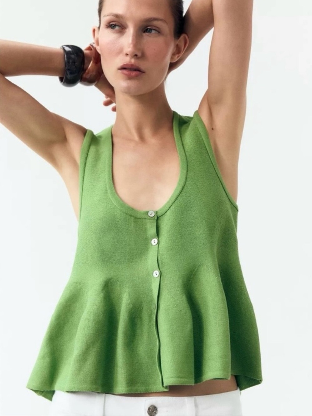 Zara Knit Peplum Button Front Tank Top Green Size Small